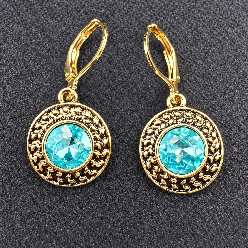 Gold Tone Aqua Blue Faceted Stone Dangle Earrings Round Textured Leverback